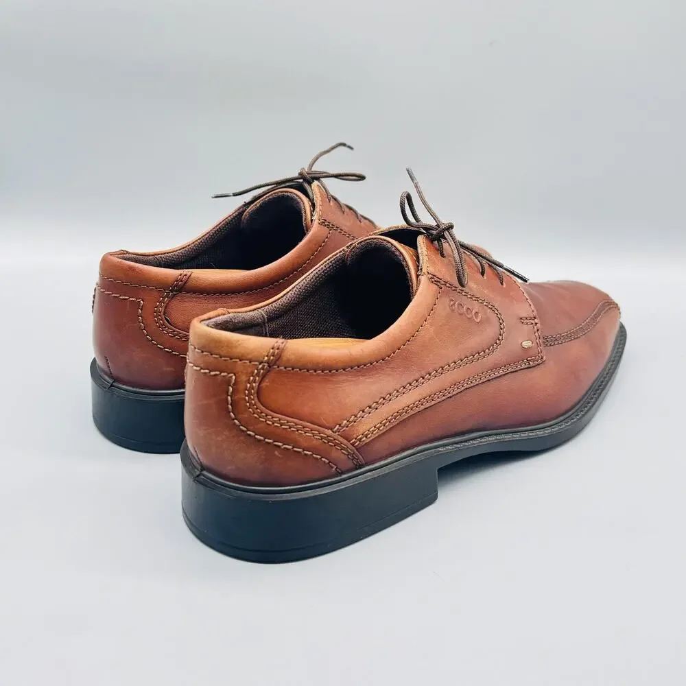 Ecco Shoes Mens 11.5 Brown Leather Helsinki Oxford Dress Square Moc Toe Lace Up